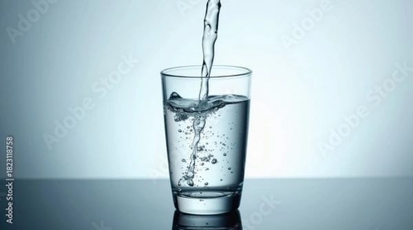 Fototapeta Clear water being poured into a tall glass on a reflective surface