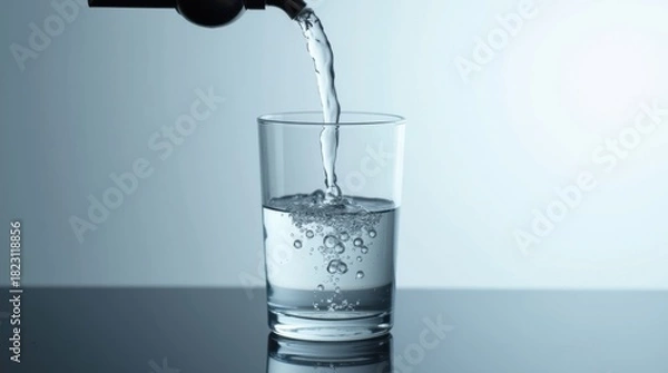Obraz Clear water being poured into a tall glass on a reflective surface