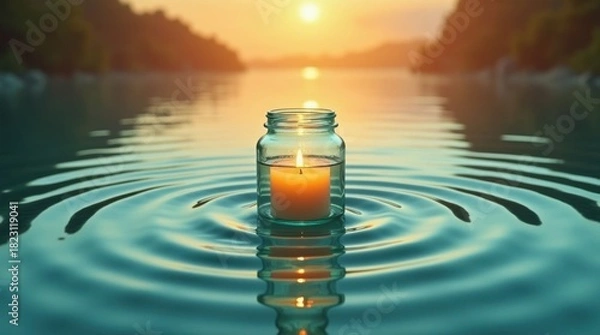 Fototapeta Candle in a jar floating on rippling water with golden light