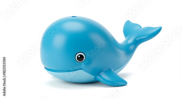 Fototapeta Playful cartoon blue whale toy in a cheerful minimalist style with soft highlights on a bright white background. AI Generated