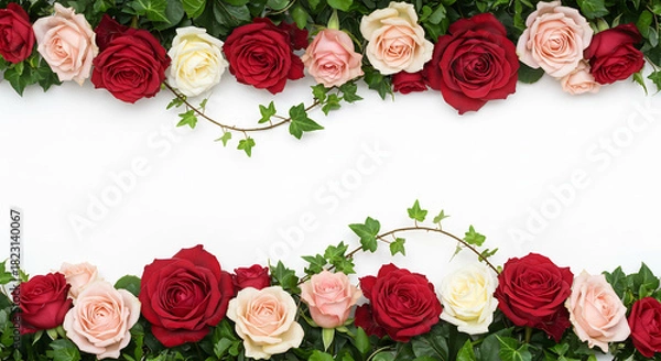 Fototapeta Vivid red pink white roses and lush green ivy artfully frame a bright clean white space perfect for copy. AI Generated