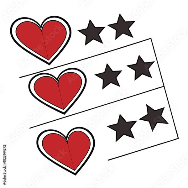 Fototapeta Three Red Hearts and Six Black Stars Arranged on White Background symbols