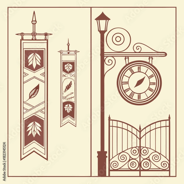 Fototapeta Vintage Banners Street Lamp With Clock And Ornate Gate On Beige Background flag lamp post