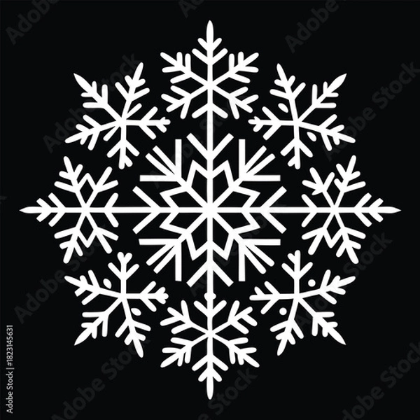 Fototapeta White snowflake cluster illustration on a black background winter crystal