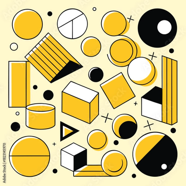 Fototapeta Yellow and Black Geometric Shapes and Cubes on Light Yellow Background abstract