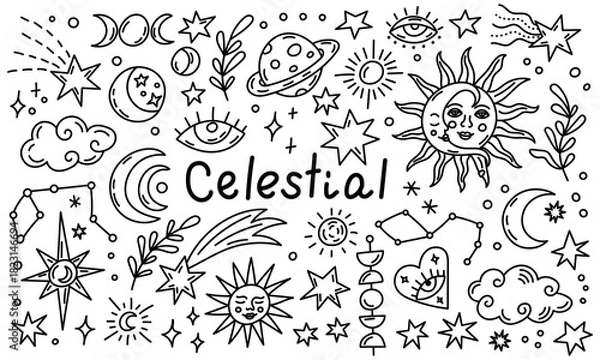 Obraz Celestial doodle illustration with stars moons and planets