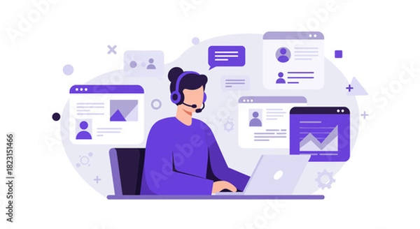 Obraz Customer Service Representative Working on Laptop with Headset.