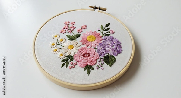 Fototapeta Vibrant hand embroidered floral design on white fabric with soft natural light creating a delicate aesthetic. AI Generated