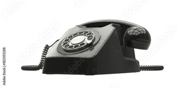 Fototapeta Classic black rotary dial telephone with coiled cord and handset. Iconic vintage design evokes nostalgia, analog communication, and historical aesthetics in telecommunication artifacts.