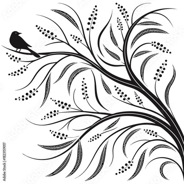 Obraz Silhouette of a bird perched on a decorative branch with leaves and berries