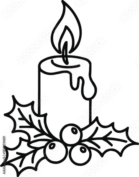 Fototapeta Minimalist Holiday Candle Icon  Single Line Drawing with Flame and Holly