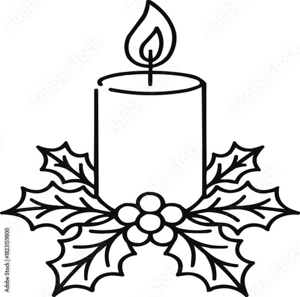 Fototapeta Minimalist Holiday Candle Icon  Single Line Drawing with Flame and Holly