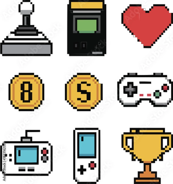 Obraz Retro Gaming Pixel Icon Set  Classic Console and Game Elements