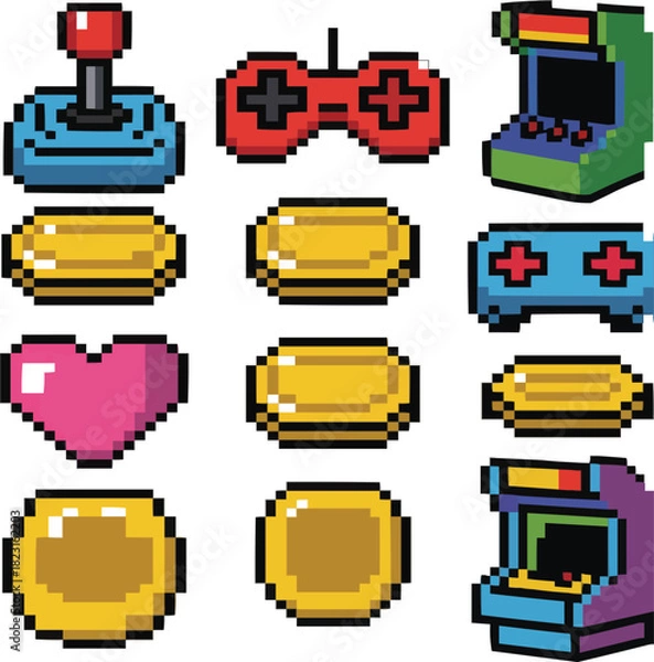 Fototapeta Retro Gaming Pixel Icon Set  Classic Console and Game Elements