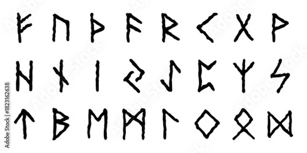 Fototapeta Set of hand drawn viking runes Ancient scandinavian futhark germanic celtic alphabet clipart in doodle style Single element for print, web, design, decor