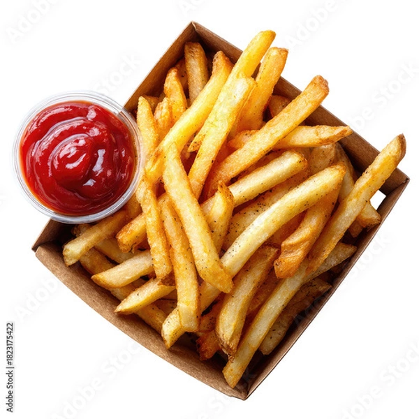 Obraz Golden fries overflow box; dipping ketchup. Delicious and tempting