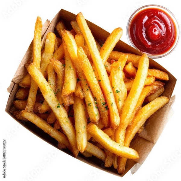 Obraz Crispy golden fries in a brown carton with a bowl of red ketchup