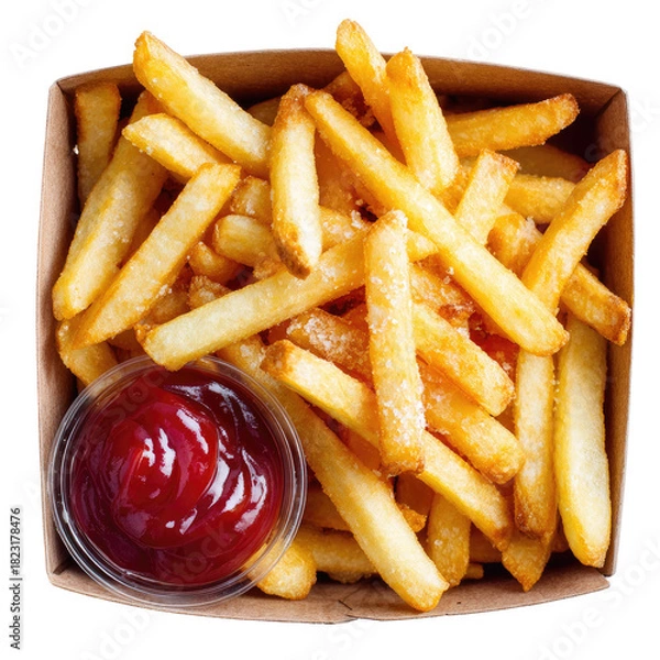 Obraz Golden french fries and ketchup in a cardboard container, top view