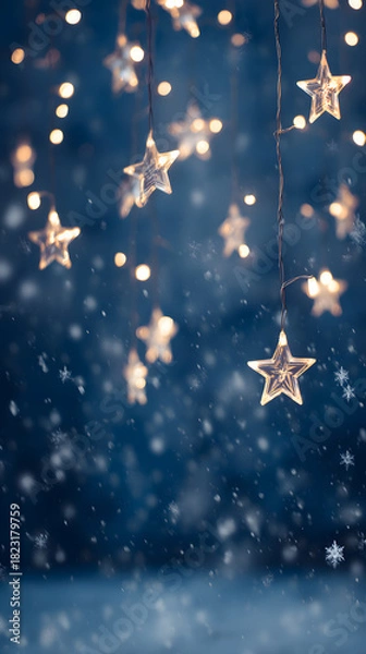 Fototapeta Enchanting winter scene with illuminated star decorations hanging against a backdrop of gently falling snowflakes. Holiday decoration concept