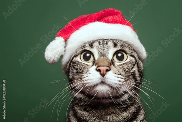 Fototapeta Charming close-up of a striped cat wearing a fluffy Santa hat, set against a green background. Festive atmosphere concept