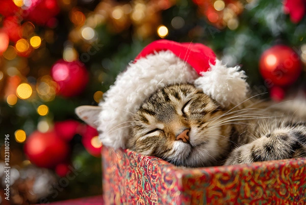 Fototapeta Cute sleeping cat wearing a Santa hat nestled in a festive Christmas gift box with decorations in background.