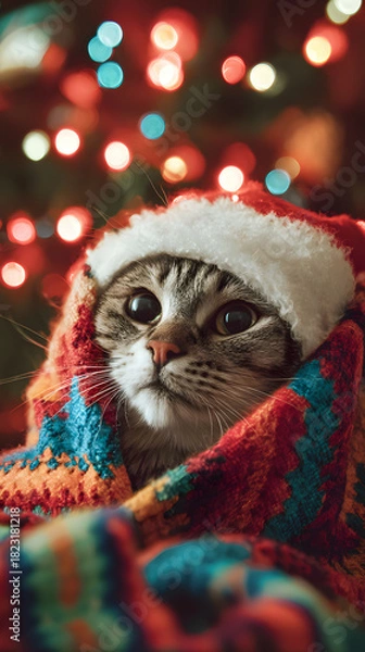 Fototapeta Charming cat wearing a Santa hat snuggled in a vibrant multicolored blanket with festive bokeh Christmas lights in the background.