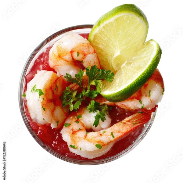 Obraz Shrimp cocktail, tomato sauce, lime wedge and parsley from above