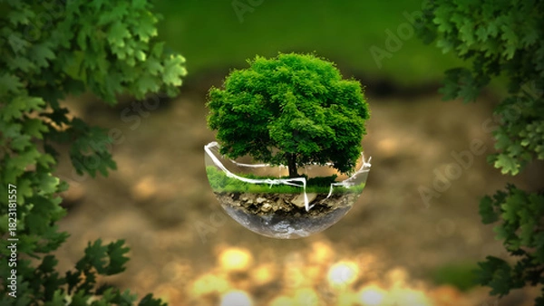 Fototapeta Conceptual Image of a Green Tree Growing in a Floating Glass Sphere, Earth Day and Environmental Conservation Concept with Nature Background