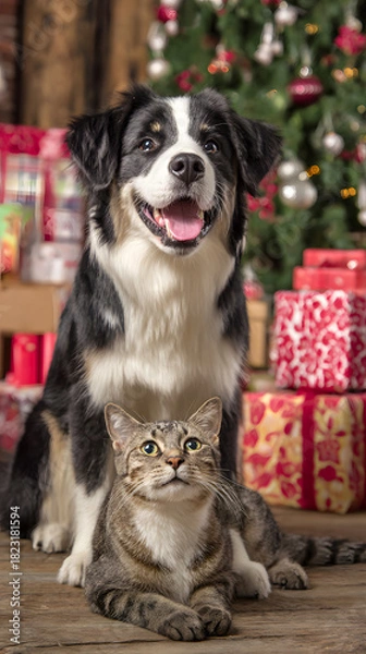Fototapeta Happy dog and curious cat posing together in front of a decorated Christmas tree surrounded by vibrant gift boxes, exuding festive cheer.