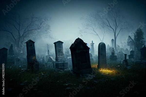 Fototapeta Spooky Halloween Graveyard at Night with Mysterious Fog and Glowing Light, Creepy Horror Cemetery Scene in Gloomy Atmospheric Setting