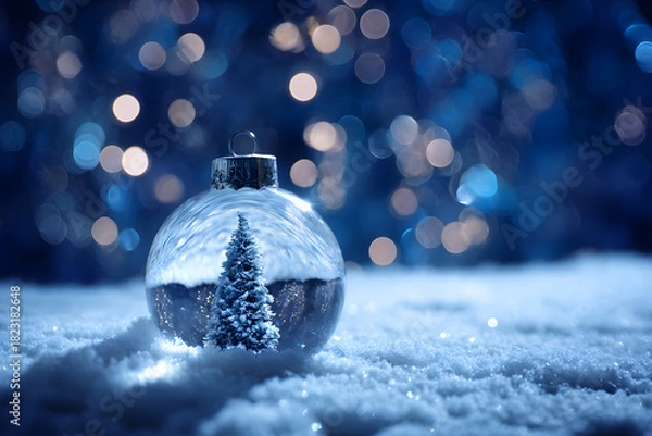 Fototapeta Magical ornament capturing a miniature snow-covered tree within, resting in soft snow and surrounded by a backdrop of shimmering bokeh lights, evoking the enchantment of the holiday season.