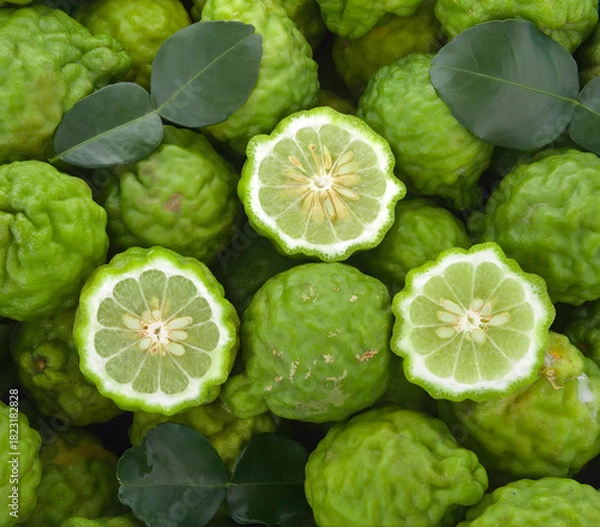 Fototapeta Fresh Kaffir Limes and Leaves Background, Top View of Bergamot Fruit Halved Showing Pulp, Thai Cuisine and Citrus Ingredient