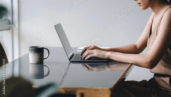 Fototapeta Woman Working on Laptop in Modern Home Office Productivity and Focus at a Desk, Technology