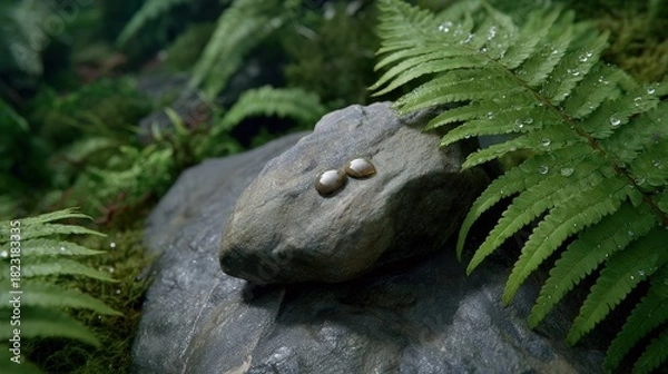 Fototapeta A close-up view of two smooth, amber-colored liquid drops resting on a wet, textured grey rock, surrounded by lush green fern leaves covered in sparkling water droplets in a humid 