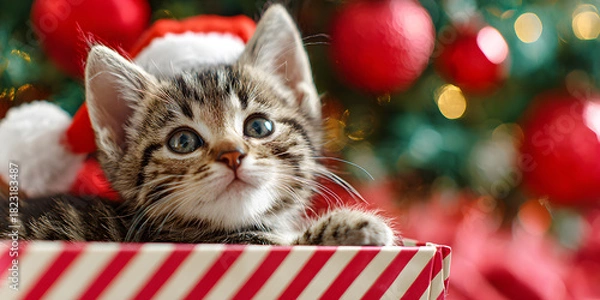 Fototapeta Charming kitten wearing a Santa hat relaxing in a festive striped box surrounded by holiday decorations creating a cheerful Christmas atmosphere