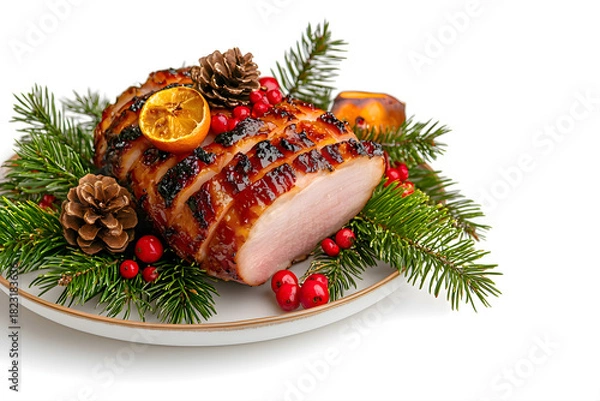 Fototapeta Glazed Christmas Ham with Festive Garnish of Pine Branches, Cranberries, and Orange Slices Isolated on a White Background