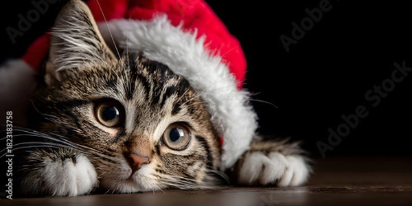Fototapeta Close-up of a cute kitten wearing a fluffy Santa hat resting on a dark surface, creating an endearing and festive holiday mood