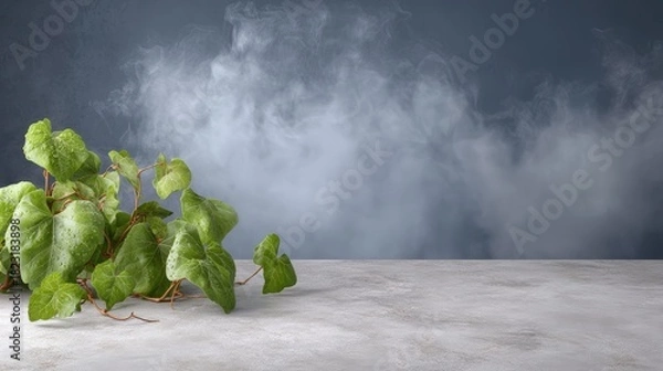 Obraz Fresh green ivy leaves with visible water droplets rest on a textured concrete surface, framed by a moody, dark background dominated by swirling white fog or vapor, ideal for natur