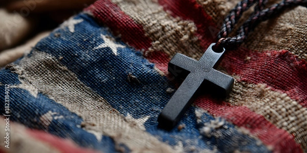 Fototapeta Close-up of a black cross pendant resting on a faded American flag, highlighting textures and creating a poignant and reflective atmosphere
