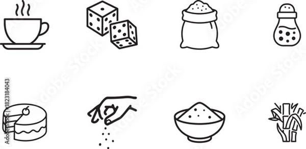 Fototapeta Sugar Sweetener Baking Ingredient and Spice Line Icons Set Including Coffee Cake Dice and Sugarcane Outline Vector