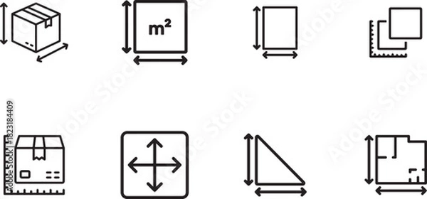 Fototapeta Measurement and Dimension Icons Set Logistics Packaging Area Floor Plan and Sizing Symbols Outline Style Black Line Vector