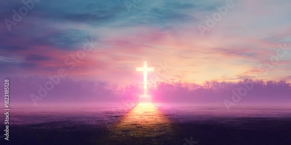 Fototapeta Glowing cross shining in a misty field during sunrise with vibrant colors and mystical atmosphere