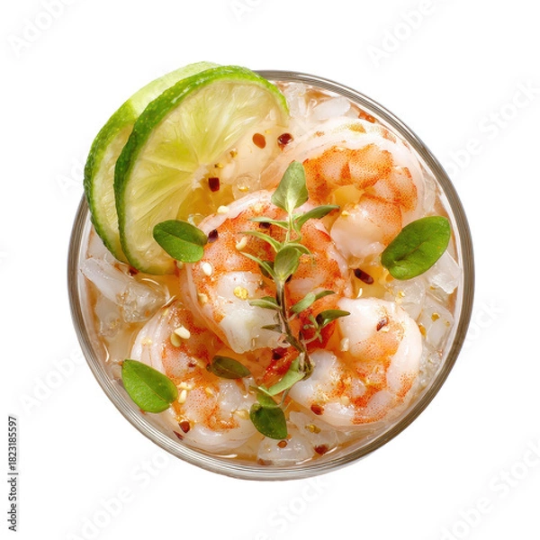 Obraz Shrimp cocktail with lime, herbs, and crushed ice from above
