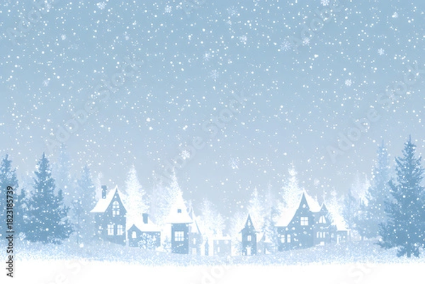 Fototapeta Winter landscape with snow-covered houses and trees amidst a gentle snowfall creating a serene and peaceful atmosphere