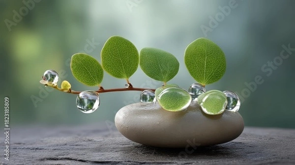 Fototapeta A close-up shot of a delicate green leafy branch resting on a smooth, rounded Zen pebble, adorned with multiple glistening, perfectly spherical water drops, set against a soft, blu