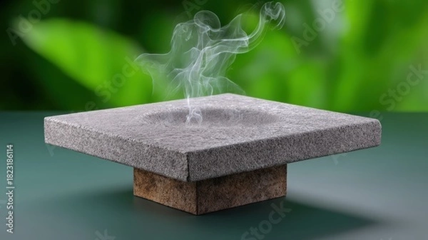 Fototapeta A close-up studio shot of a textured, square stone podium or incense holder emitting wisps of white smoke, set against a blurred, vibrant green natural background, evoking feelings