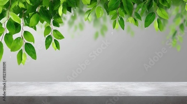Fototapeta 3D rendering of a minimalist product presentation scene featuring a grey concrete tabletop or podium, framed by lush green leaves with water droplets hanging above a soft, blurred 