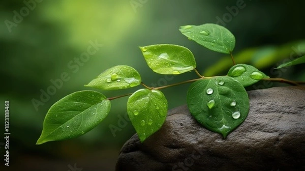 Fototapeta A close-up macro shot of vibrant green leaves covered in pristine water droplets resting gently on a dark, wet stone, set against a soft, lush green bokeh background, symbolizing p
