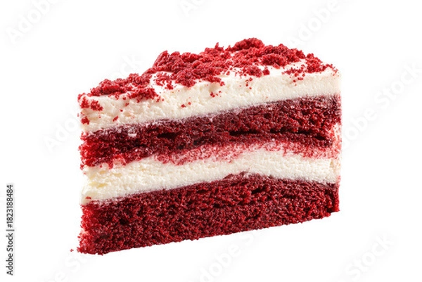 Obraz Red velvet cake slice, layered with white frosting, on dark backdrop