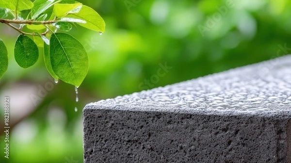 Fototapeta A close-up captures a water droplet falling from a vibrant green leaf onto a rough, porous concrete surface covered in tiny beads of rain, set against a soft green natural bokeh ba